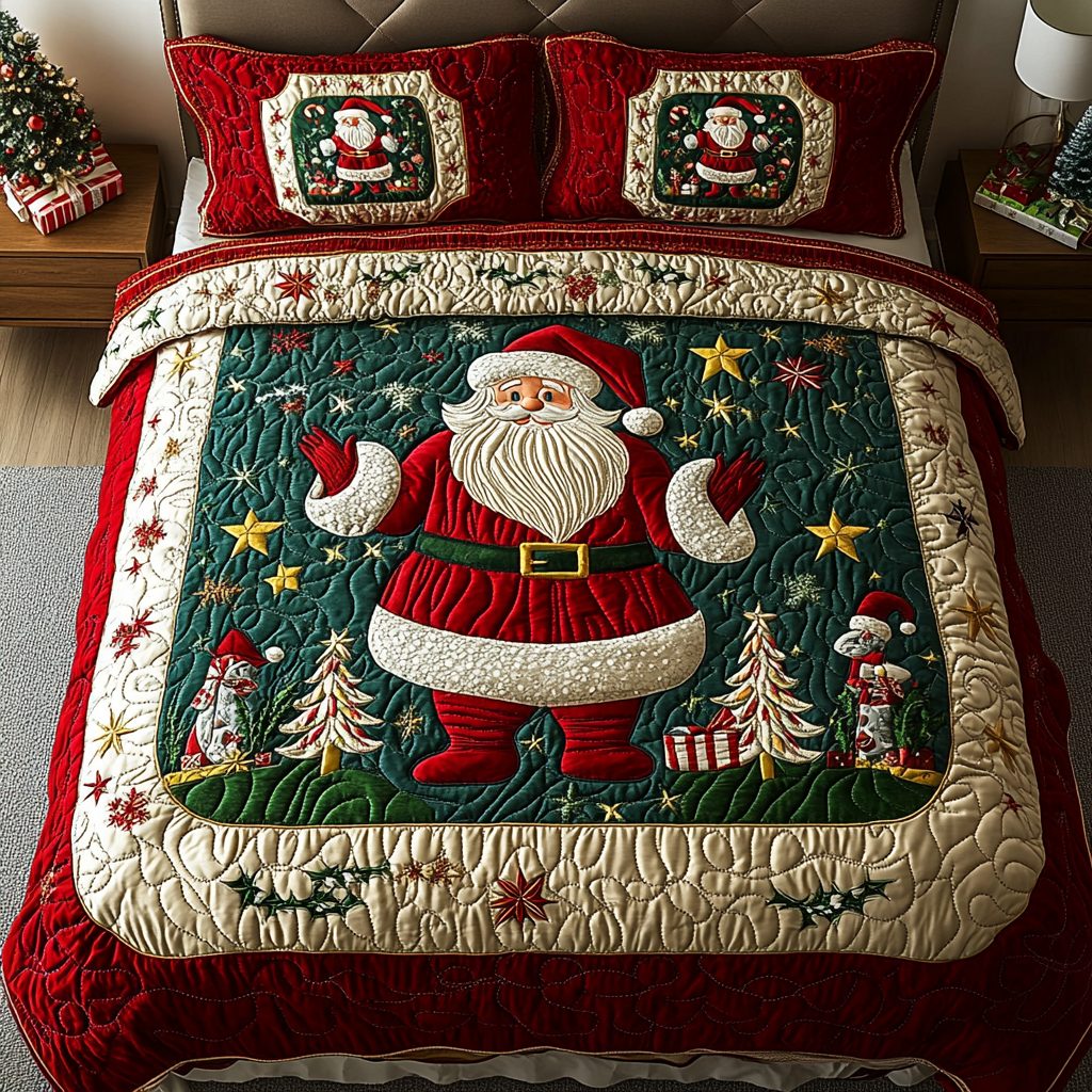 Santa Workshop Magic quilted 3-piece bedding set on a made bed in a winter-styled bedroom