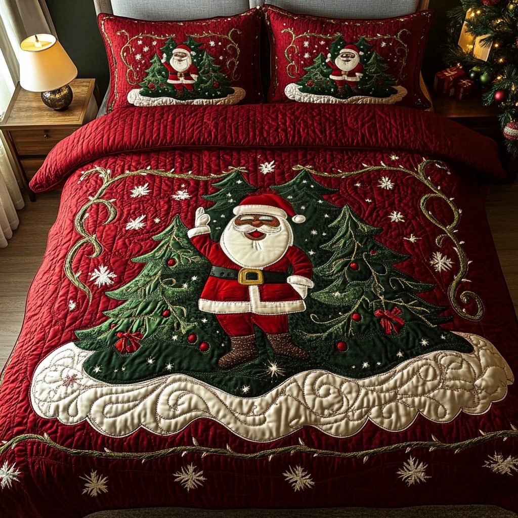 Santa Workshop Wonder V2 quilted 3-piece bedding set on a made bed in a winter-styled bedroom