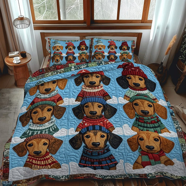 Santas Doxie quilted 3-piece bedding set on a made bed in a winter-styled bedroom