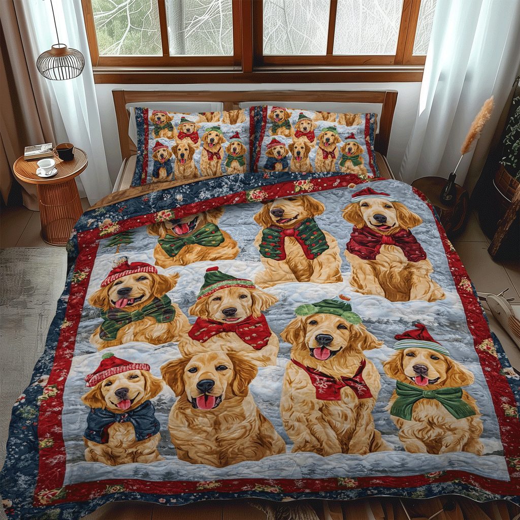 Santas Goldens quilted 3-piece bedding set on a made bed in a winter-styled bedroom