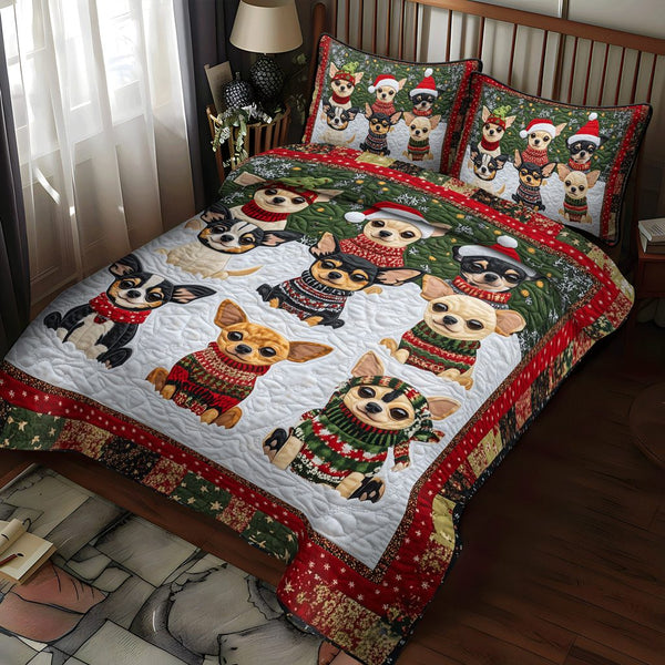 Santas Little Chis quilted 3-piece bedding set on a made bed in a winter-styled bedroom