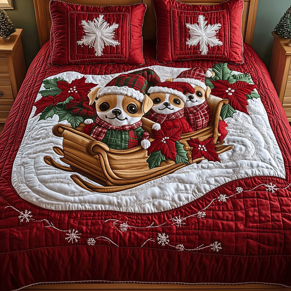 Santas Little Chis quilted 3-piece bedding set on a made bed in a winter-styled bedroom