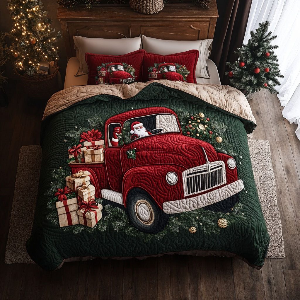Santas Sleigh on Wheels quilted 3-piece bedding set on a made bed in a winter-styled bedroom
