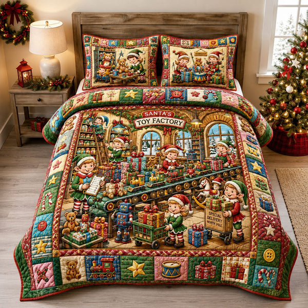 Santas Toy Factory quilted 3-piece bedding set on a made bed in a winter-styled bedroom