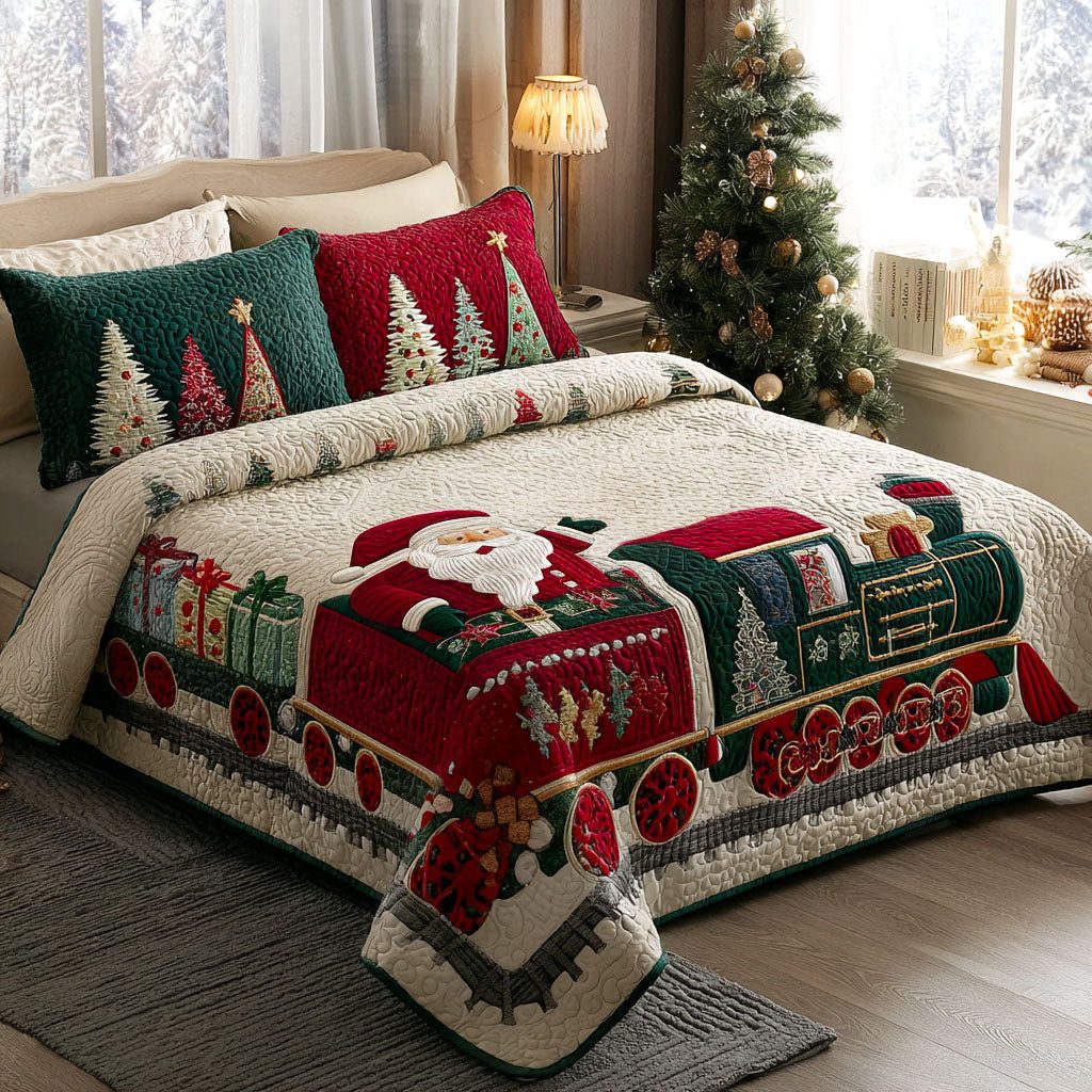 Santas Wonderland Route quilted 3-piece bedding set on a made bed in a winter-styled bedroom