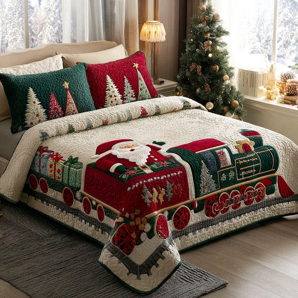 Santas Wonderland Route quilted 3-piece bedding set on a made bed in a winter-styled bedroom