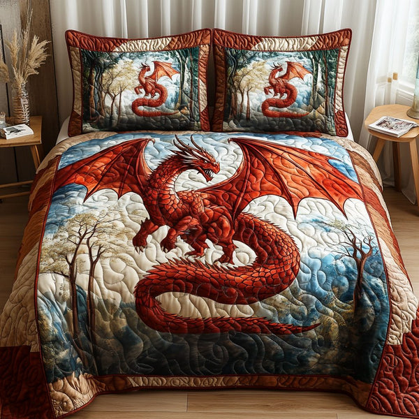 Sapphire Flame quilted 3-piece bedding set on a made bed with two matching pillow shams