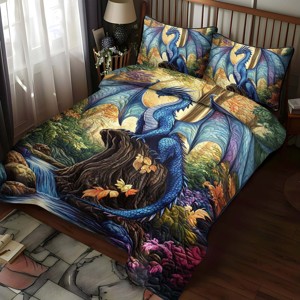 Sapphire Flight quilted 3-piece bedding set on a made bed with two matching pillow shams