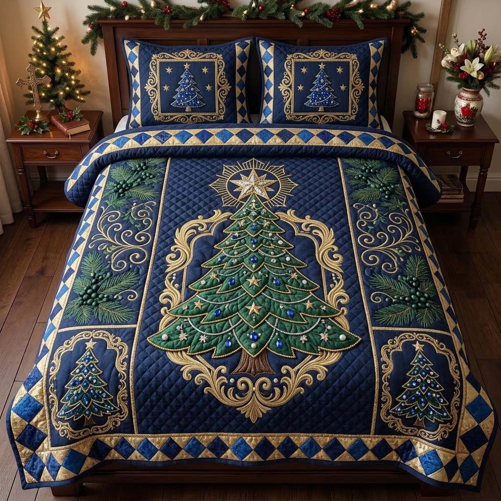 Sapphire Jeweled Christmas Tree quilted 3-piece bedding set on a made bed in a winter-styled bedroom