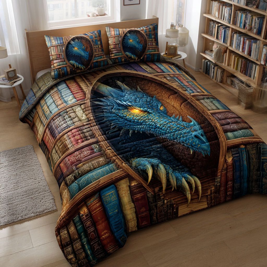 Sapphire Nest quilted 3-piece bedding set on a made bed with two matching pillow shams