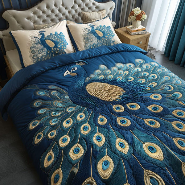 Sapphire Peacock Dream quilted 3-piece bedding set on a made bed with two matching pillow shams