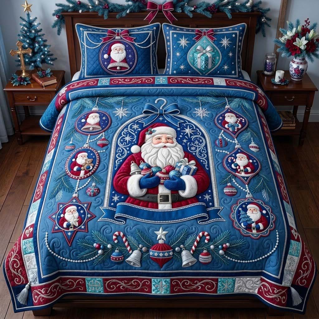 Sapphire Ruby Christmas quilted 3-piece bedding set on a made bed in a winter-styled bedroom