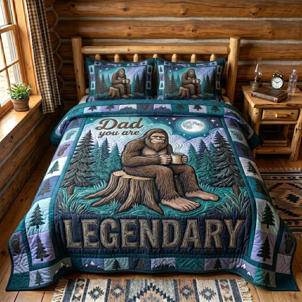 Sasquatch Dad quilted 3-piece bedding set on a made bed with two matching pillow shams