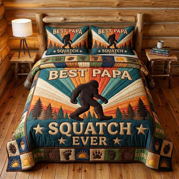 Sasquatch Dad quilted 3-piece bedding set on a made bed with two matching pillow shams