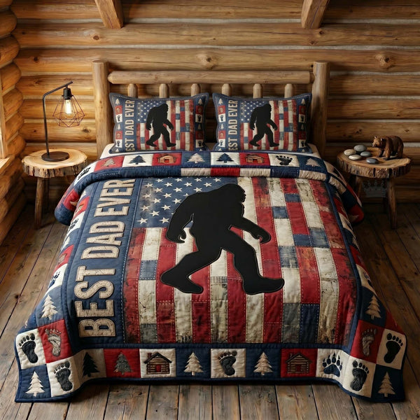 Sasquatch Dad quilted 3-piece bedding set on a made bed with two matching pillow shams