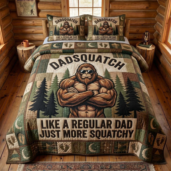 Sasquatch Dad quilted 3-piece bedding set on a made bed with two matching pillow shams