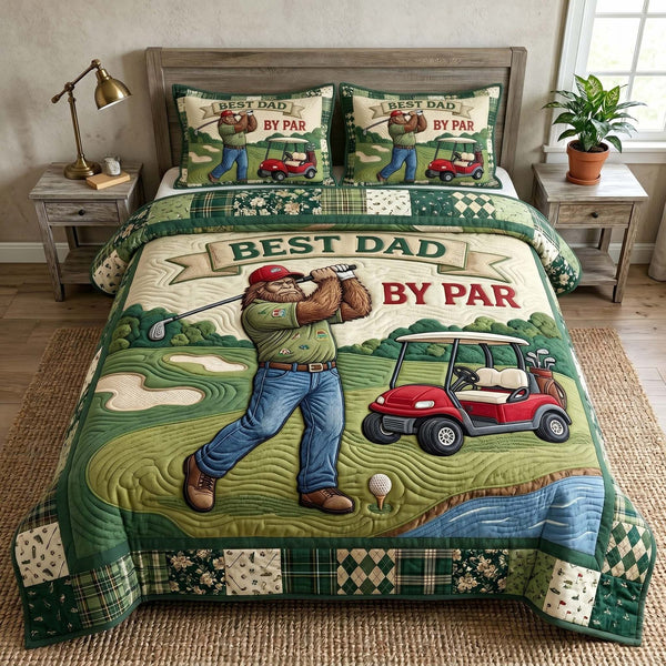 Sasquatch Dad quilted 3-piece bedding set on a made bed with two matching pillow shams