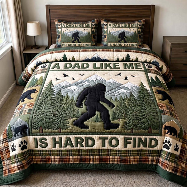 Sasquatch Dad quilted 3-piece bedding set on a made bed with two matching pillow shams