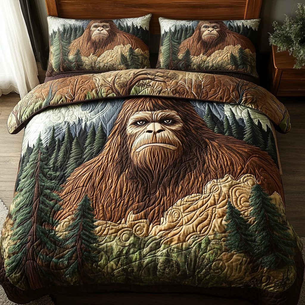 Sasquatch Dreams quilted 3-piece bedding set on a made bed with two matching pillow shams