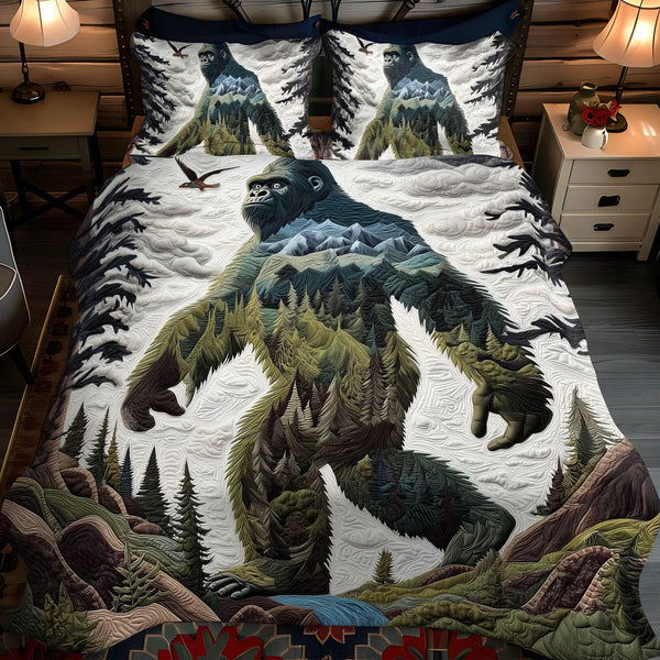 Sasquatch Encounter quilted 3-piece bedding set on a made bed with two matching pillow shams