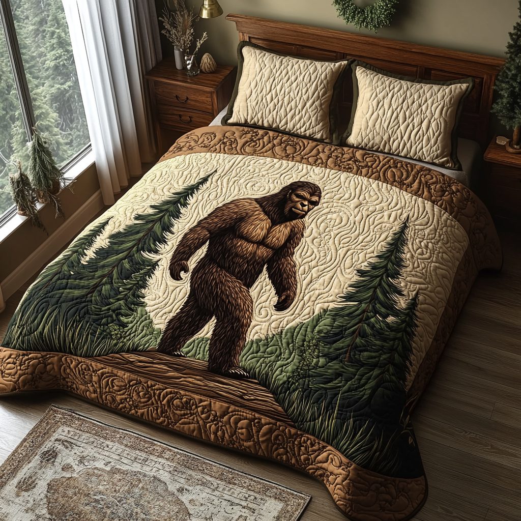 Sasquatch Grove quilted 3-piece bedding set on a made bed with two matching pillow shams