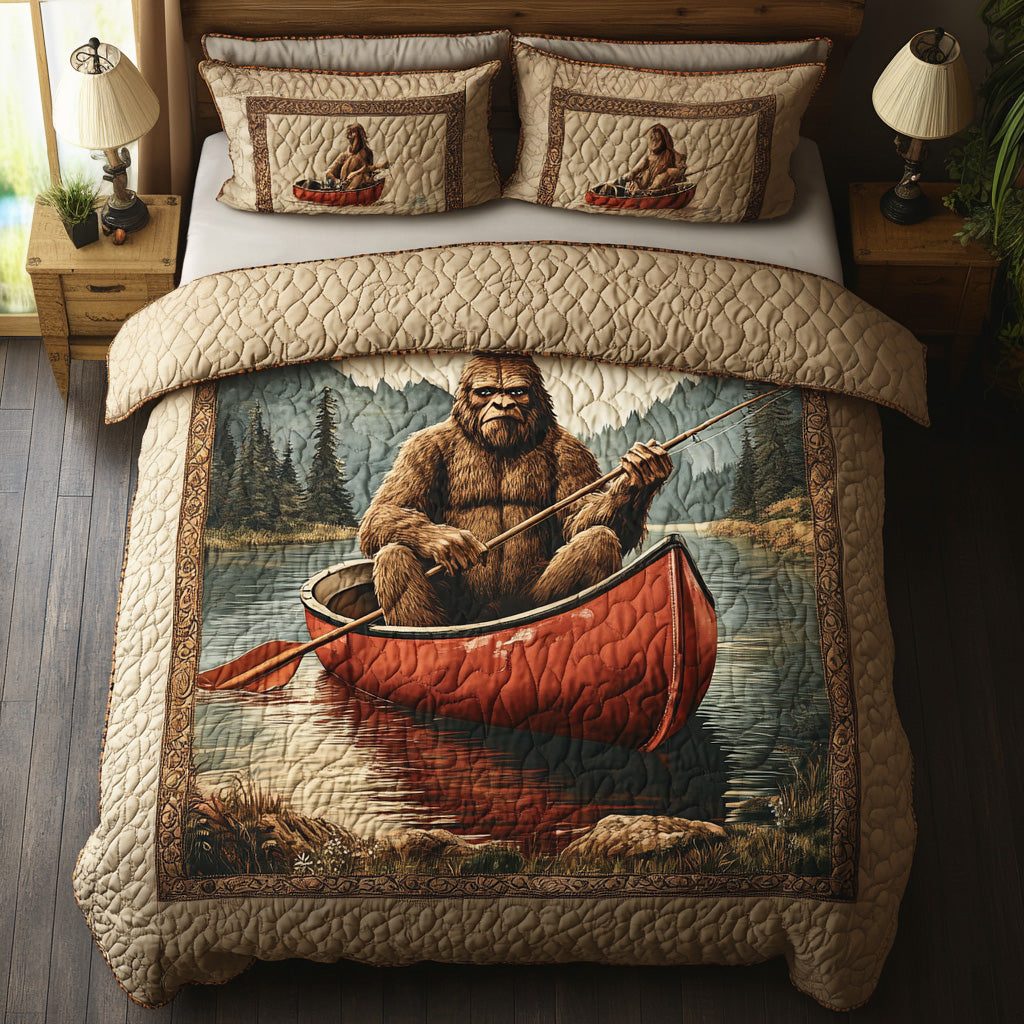 Sasquatch Journey quilted 3-piece bedding set on a made bed with two matching pillow shams