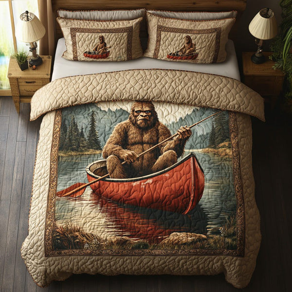 Sasquatch Journey quilted 3-piece bedding set on a made bed with two matching pillow shams