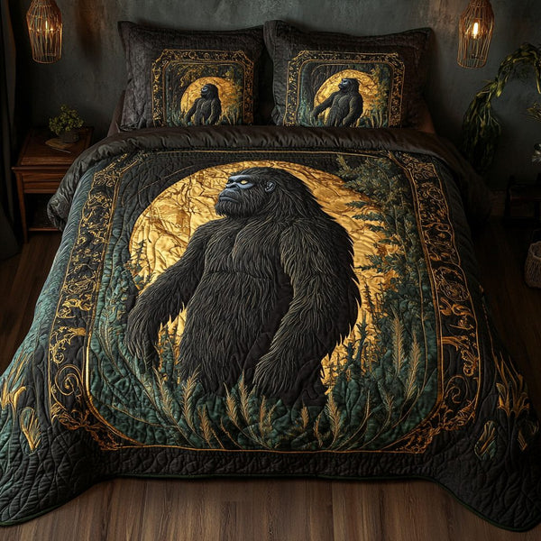 Sasquatch Midnight Glare quilted 3-piece bedding set on a made bed with two matching pillow shams