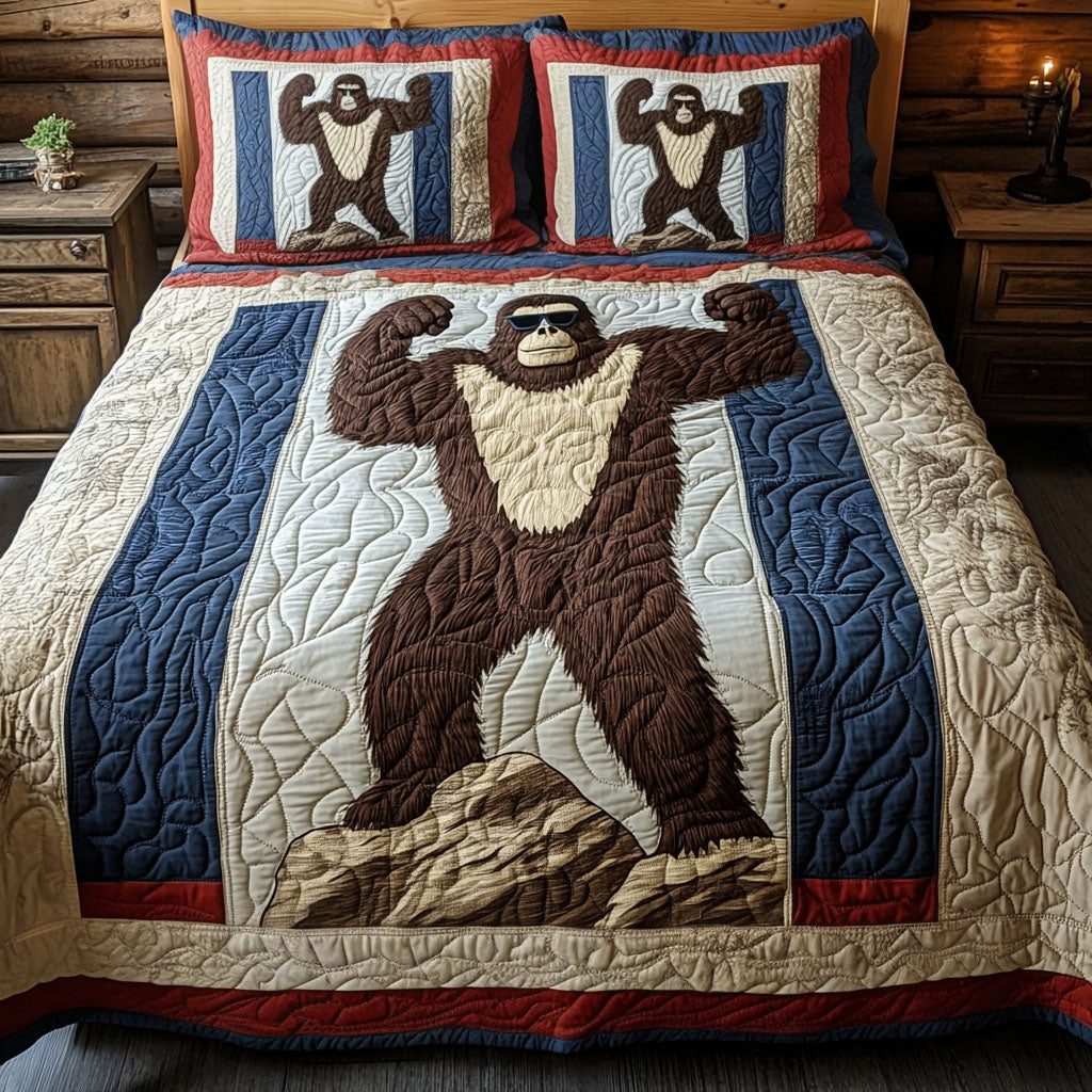 Sasquatch Nation quilted 3-piece bedding set on a made bed with two matching pillow shams