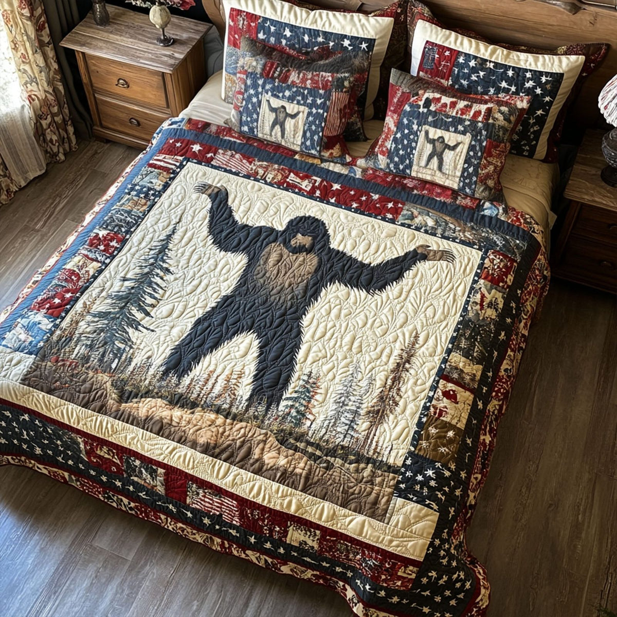 Sasquatch Patriot quilted 3-piece bedding set on a made bed in a warmly lit bedroom