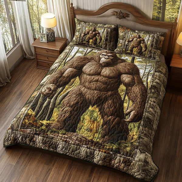 Sasquatch Prime Woods quilted 3-piece bedding set on a made bed with two matching pillow shams