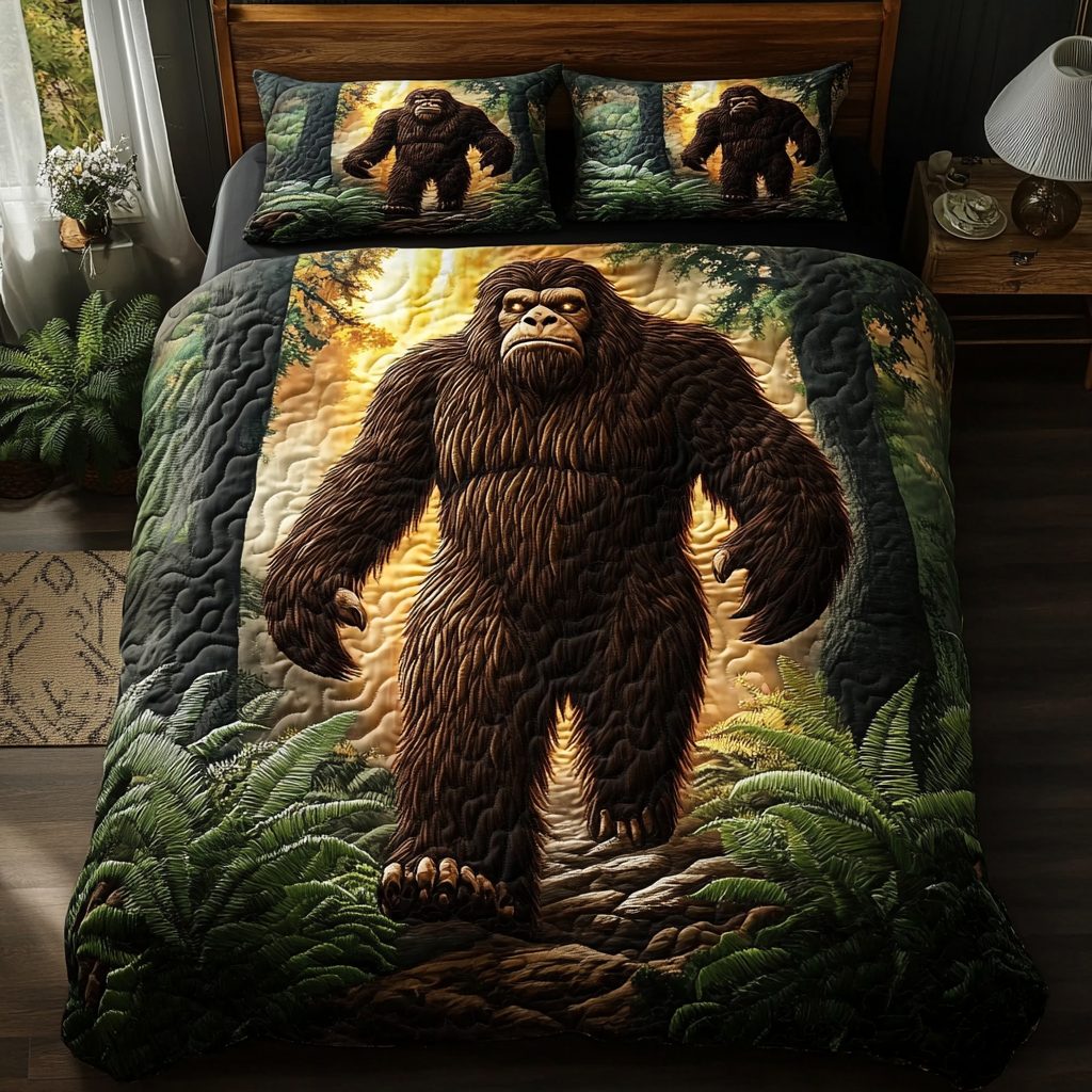Sasquatch Slumber quilted 3-piece bedding set on a made bed with two matching pillow shams