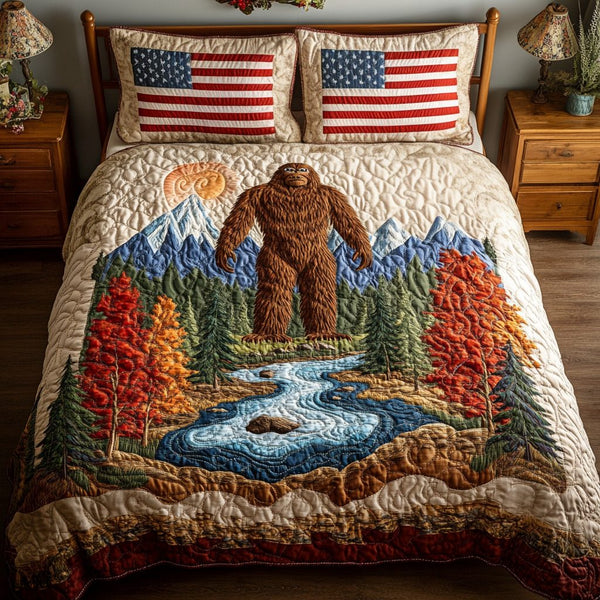 Sasquatch Spirit quilted 3-piece bedding set on a made bed with two matching pillow shams