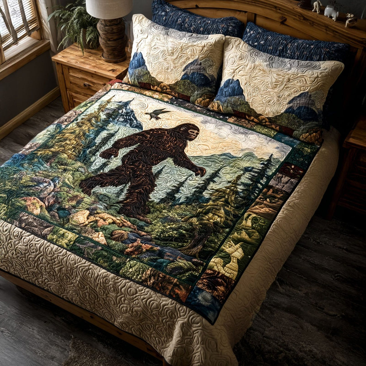 Sasquatch Tracks quilted 3-piece bedding set on a made bed with two matching pillow shams