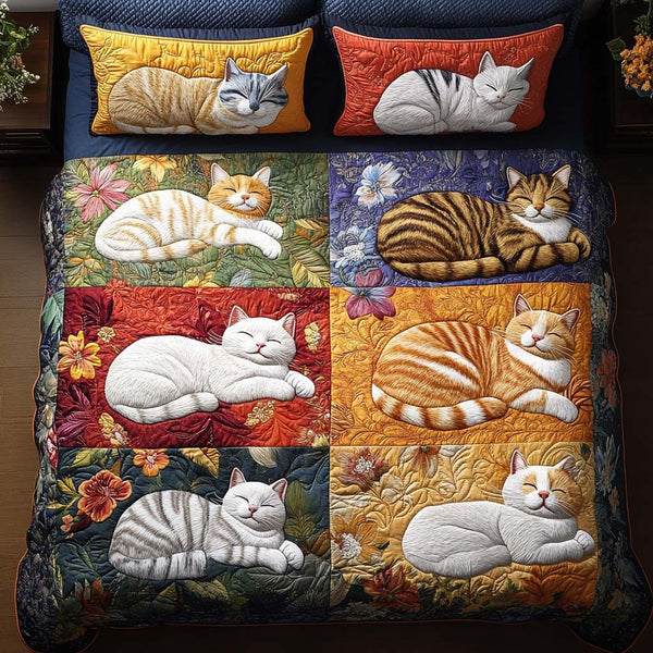 Sassy Cat Mood quilted 3-piece bedding set on a made bed with two matching pillow shams
