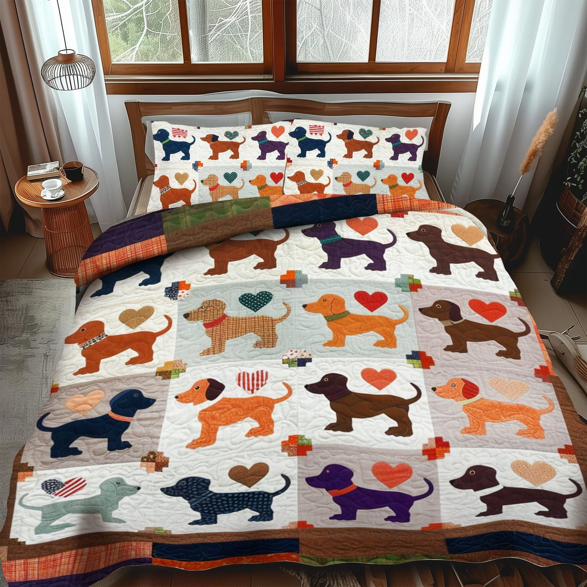 Sausage Dog Snuggles quilted 3-piece bedding set on a made bed with two matching pillow shams