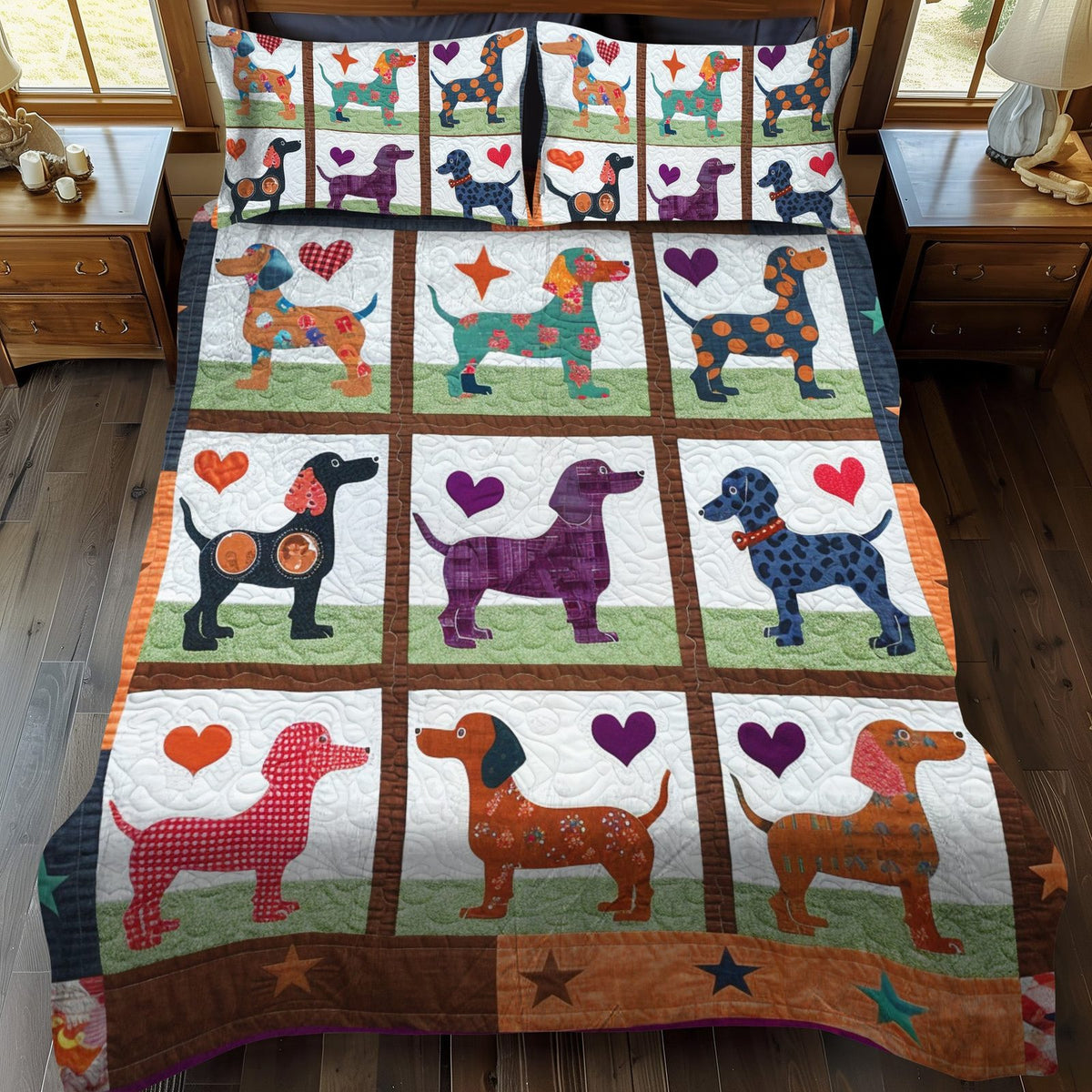 Sausage Dog Symphony quilted 3-piece bedding set on a made bed with two matching pillow shams