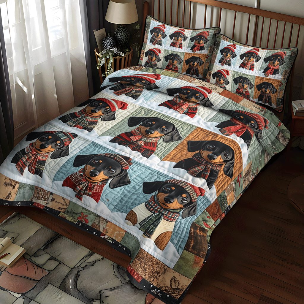 Sausage Squad quilted 3-piece bedding set on a made bed with two matching pillow shams