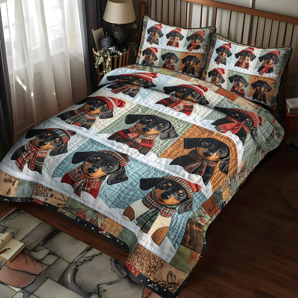 Sausage Squad quilted 3-piece bedding set on a made bed with two matching pillow shams