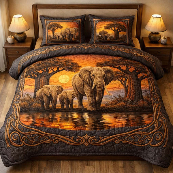 Savanna Elephant quilted 3-piece bedding set on a made bed with two matching pillow shams