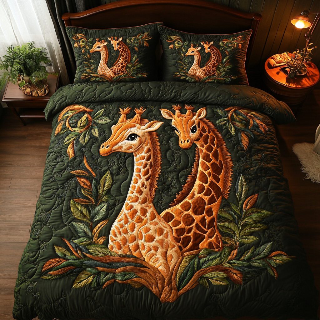 Savanna Grace quilted 3-piece bedding set on a made bed with two matching pillow shams