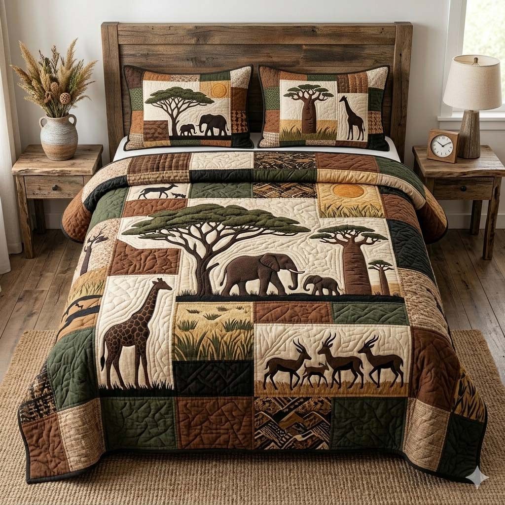 Savanna Journey quilted 3-piece bedding set on a made bed with two matching pillow shams