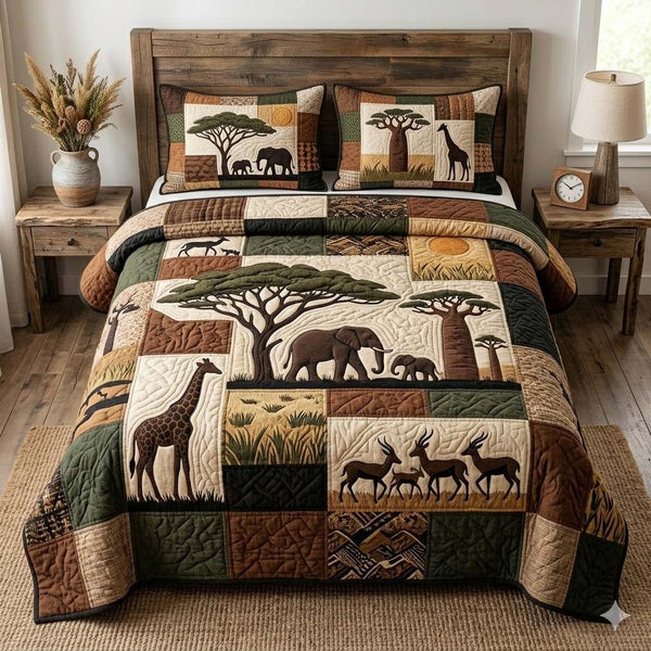 Savanna Journey quilted 3-piece bedding set on a made bed with two matching pillow shams