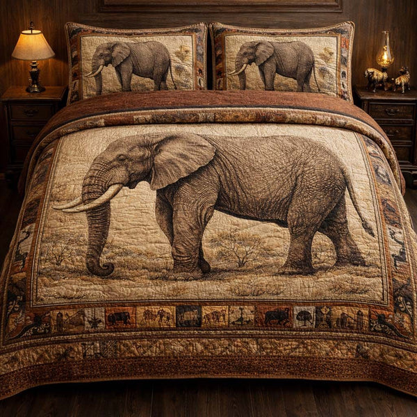 Savanna Majesty quilted 3-piece bedding set on a made bed with two matching pillow shams
