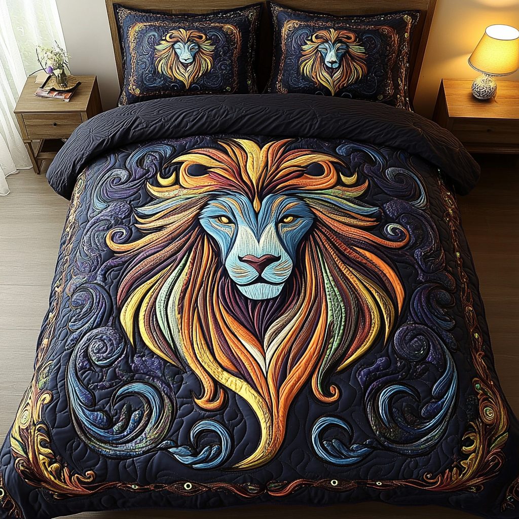 Savanna Ruler quilted 3-piece bedding set on a made bed with two matching pillow shams