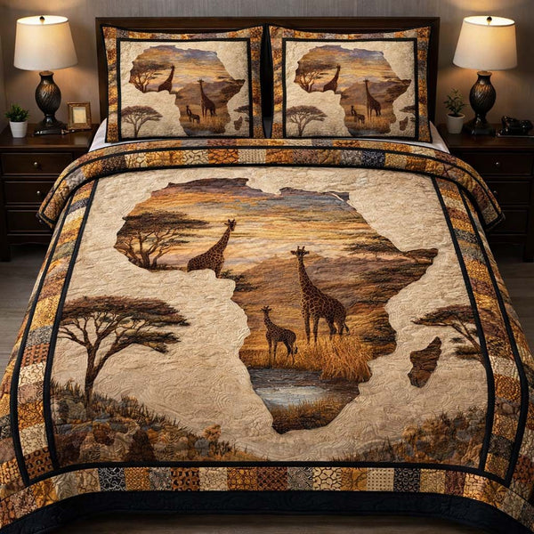 Savanna Spirit Legacy quilted 3-piece bedding set on a made bed with two matching pillow shams