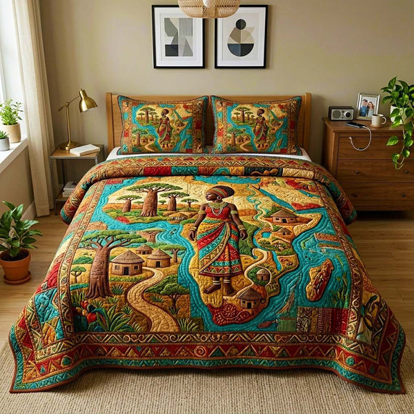 Savanna Spirit quilted 3-piece bedding set on a made bed with two matching pillow shams