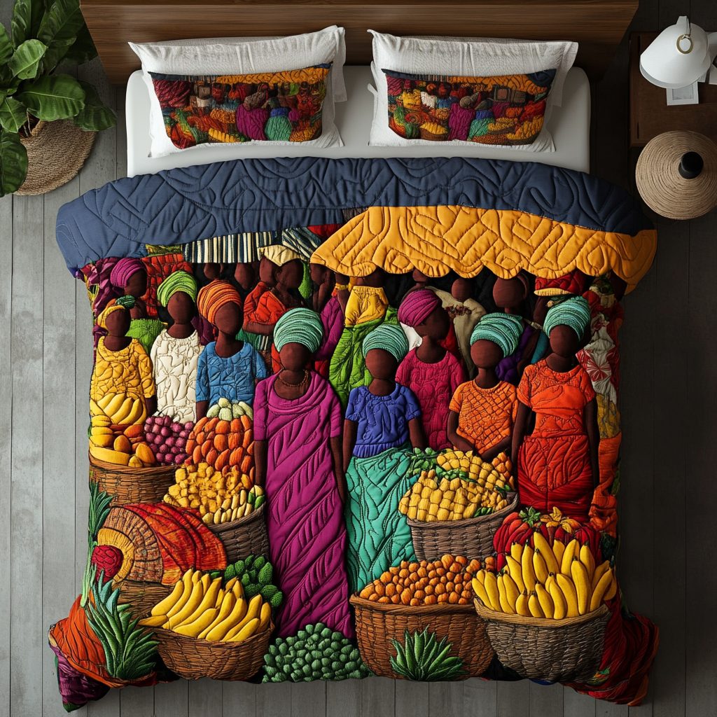 Savanna Stalls quilted 3-piece bedding set on a made bed with two matching pillow shams