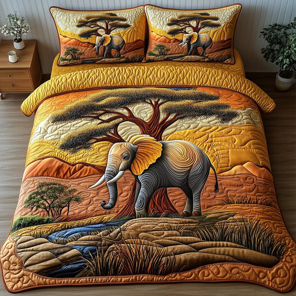 Savannah Elephant Retreat quilted 3-piece bedding set on a made bed with two matching pillow shams