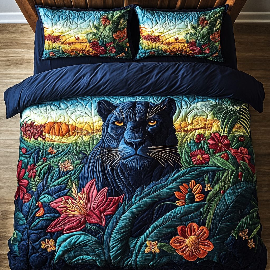 Savannah Panther Sunset quilted 3-piece bedding set on a made bed with two matching pillow shams